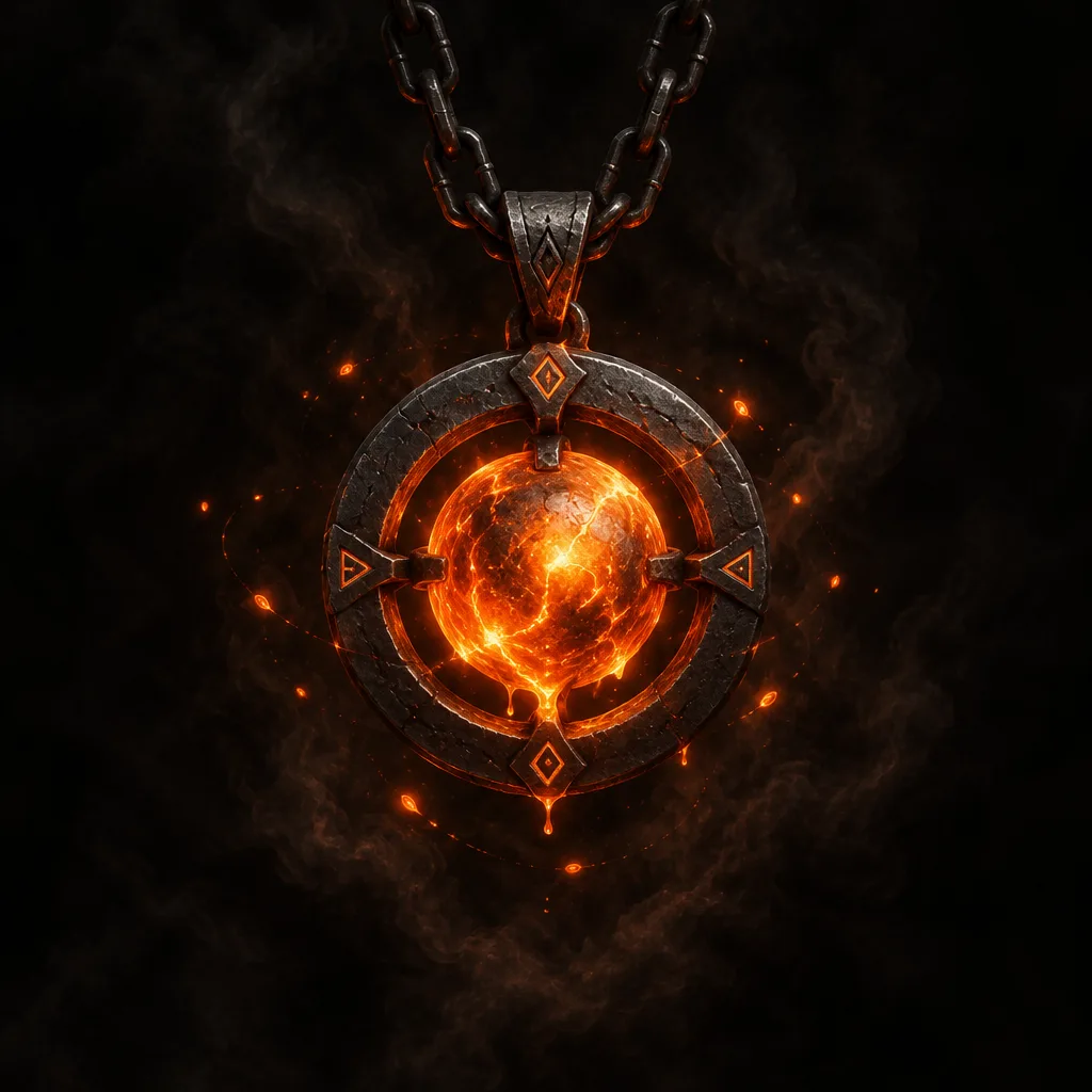 Amulet cincin besi berukir dengan bola logam lebur di tengahnya